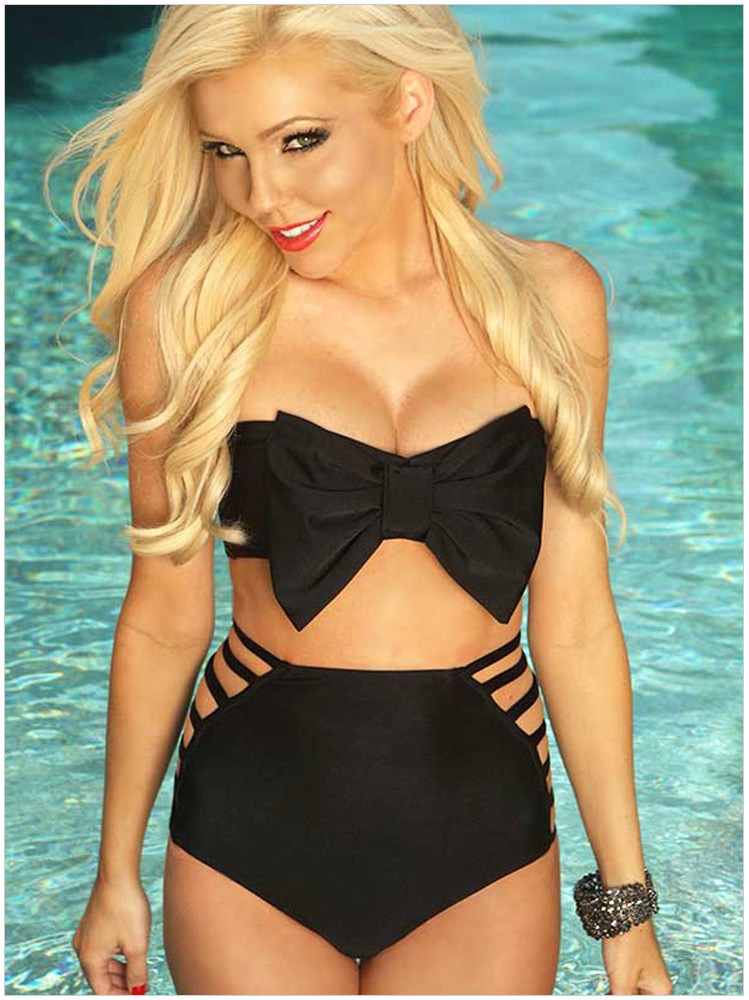 F4319Black Strappy Bow Bandeau High-waisted Bikini Set